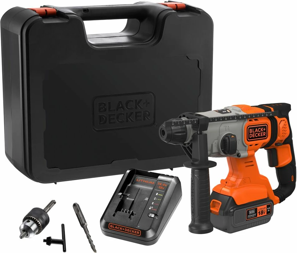 Trapan çekiç me bateri Black&Decker BCD900M1K 18V SDS+ 4.0Ah, set me bateri, karikues dhe valixhe