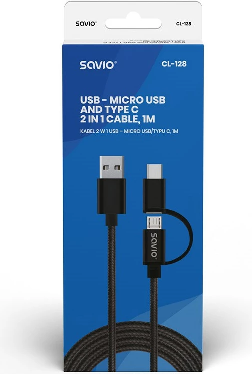 Kabllo Savio, USB A - USB C / micro-USB, 1m, e zezë