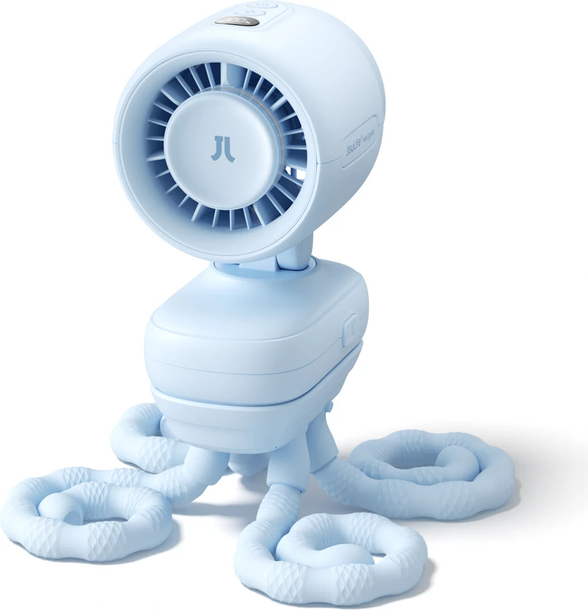 Ventilator mini për karrocë Jisulife Stroller Fan 4, bateri 5000mAh, tripod fleksibël, USB-C, me dritë nate, blu