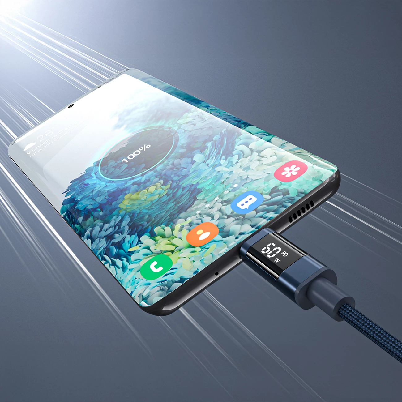 Kabllo USB-C në USB-C Choetech XCC-1068 PD 60W 1.2 m me ekran, blu