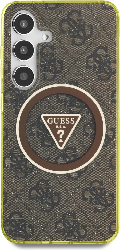 Mbështjellës Guess 4G Glitter Triangle Buttons MagSafe për Samsung Galaxy S25, Kafe