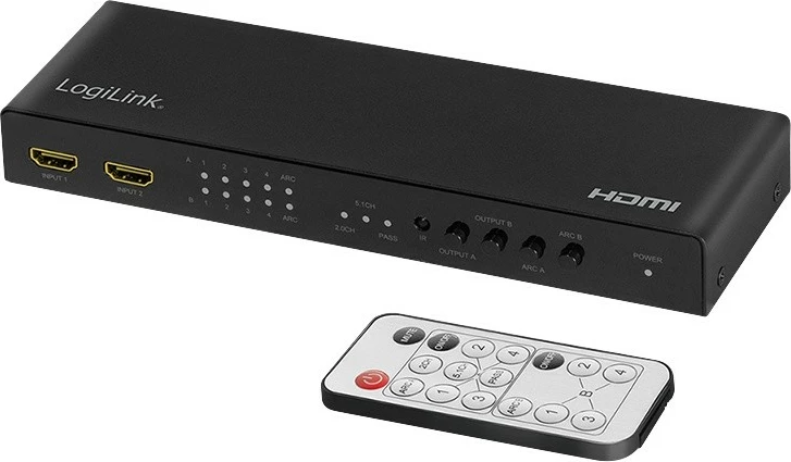 Switch LogiLink HD0049 HDMI 4x2, 4K 60Hz, me telekomandë, Zi