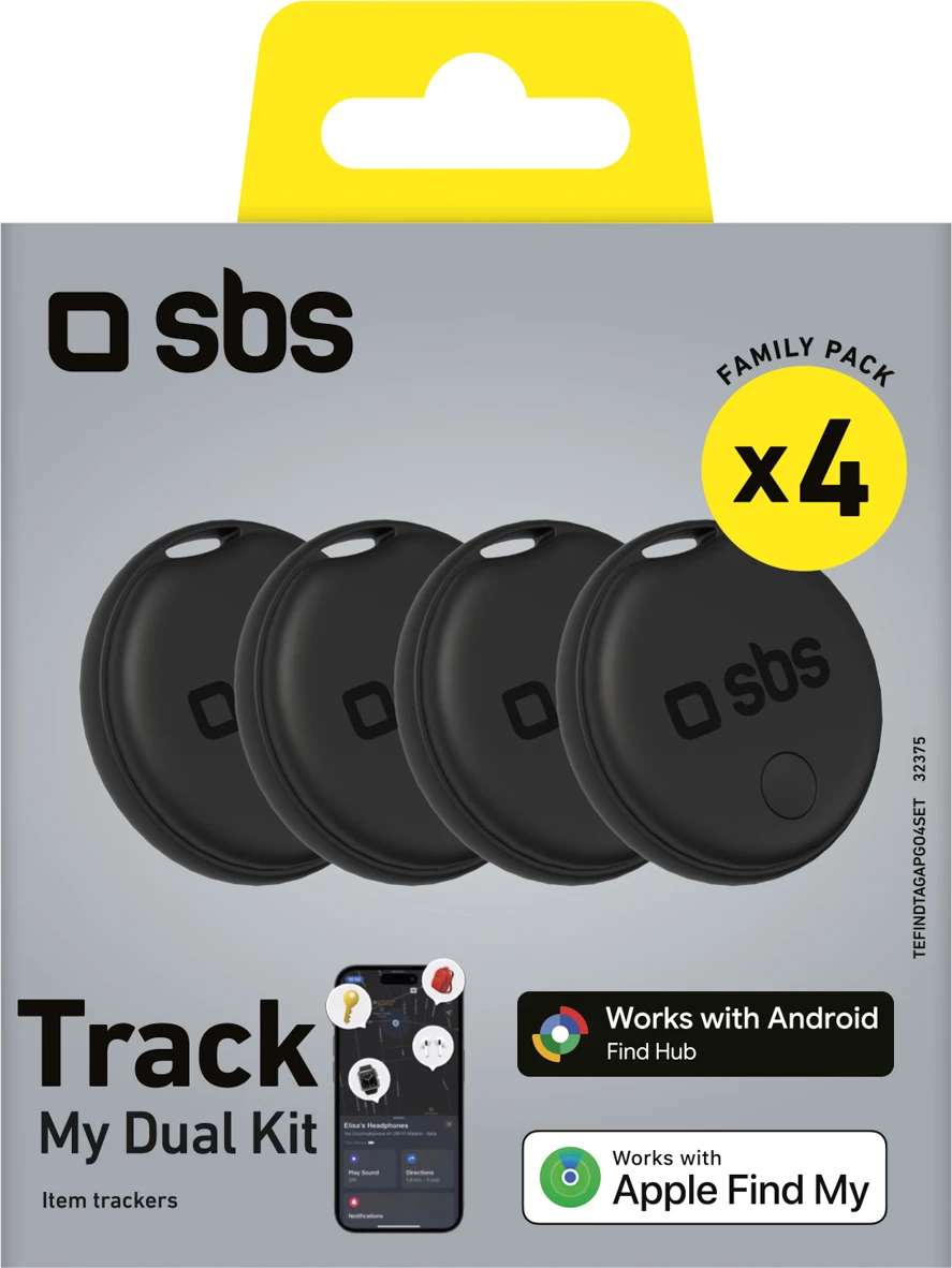Lokator gjurmues Bluetooth, SBS Track My Dual, kompatibil me iOS/Android, rreze 20 m, alarm 60 dB, bateri CR2032, e zezë, set 4 copë
