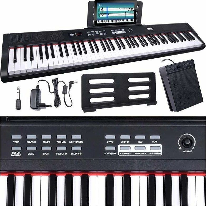 Piano digjital Bitmat DNA PP 88, 88 taste me dinamikë, 900 tinguj/700 ritme, USB-MIDI, set me pedal sustain dhe mbajtëse notash, e kuqe