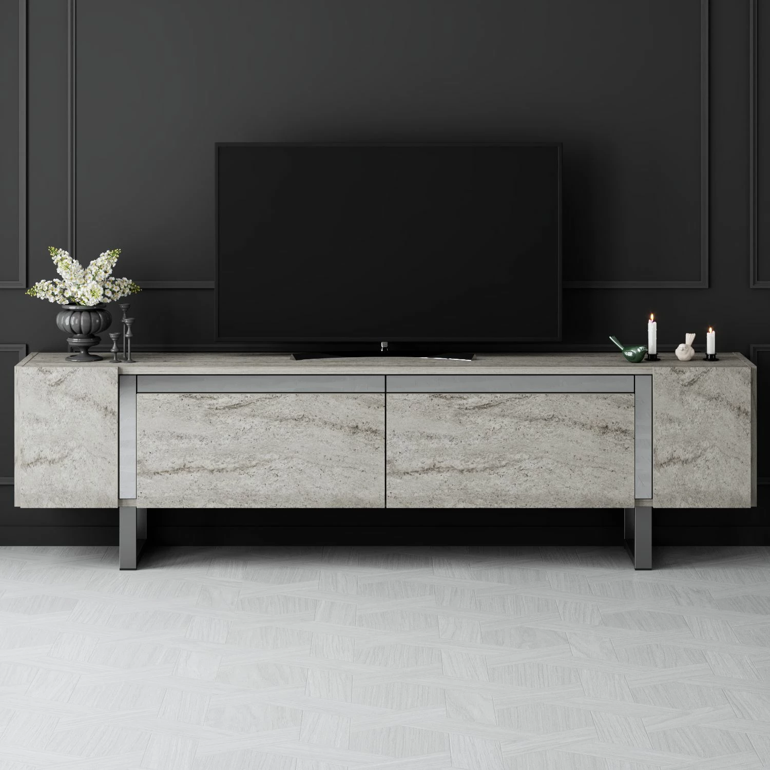 Komodë TV Hanah Home, Yildiz, travertin, argjend