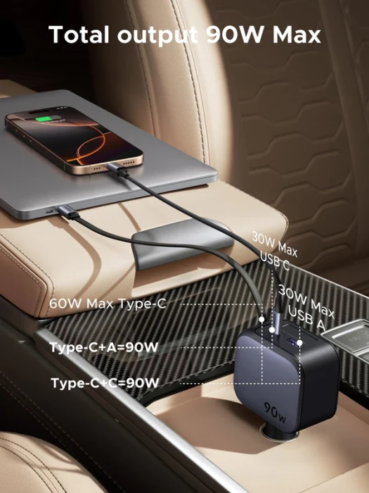 Karikues veture UGREEN Nexode 55909B 90W me kabllo USB-C të integruar retraktabile, Space Gray