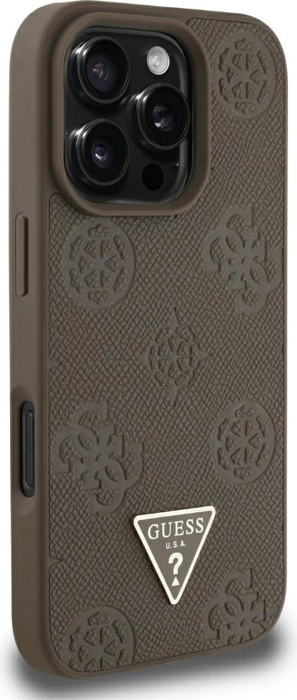 Mbështjellës Guess Grained Hot Stamp Peony Triangle Logo MagSafe për iPhone 16 Pro Max, Kafe