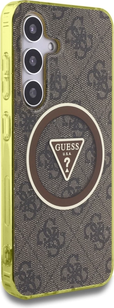 Mbështjellës Guess 4G Glitter Triangle Buttons MagSafe për Samsung Galaxy S25, Kafe