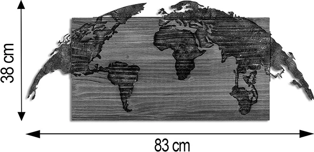 Dekor muri hartë bote, dru pishe natyral, metal i zi, 83x3x38cm