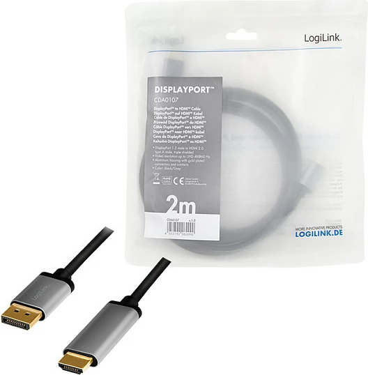 Kabllo DisplayPort në HDMI LogiLink, 4K/60Hz, 2 m, zi/gri
