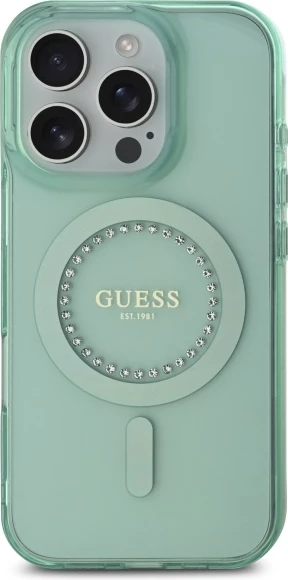 Mbështjellës Guess IML Rhinestones MagSafe për iPhone 16 Pro Max, i gjelbër