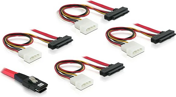 Kabllo mini SAS DeLOCK 83146, SFF-8087 në 4x SFF-8482, 1 m, me energji Molex 5.25", zezë/kuqe/bardhë