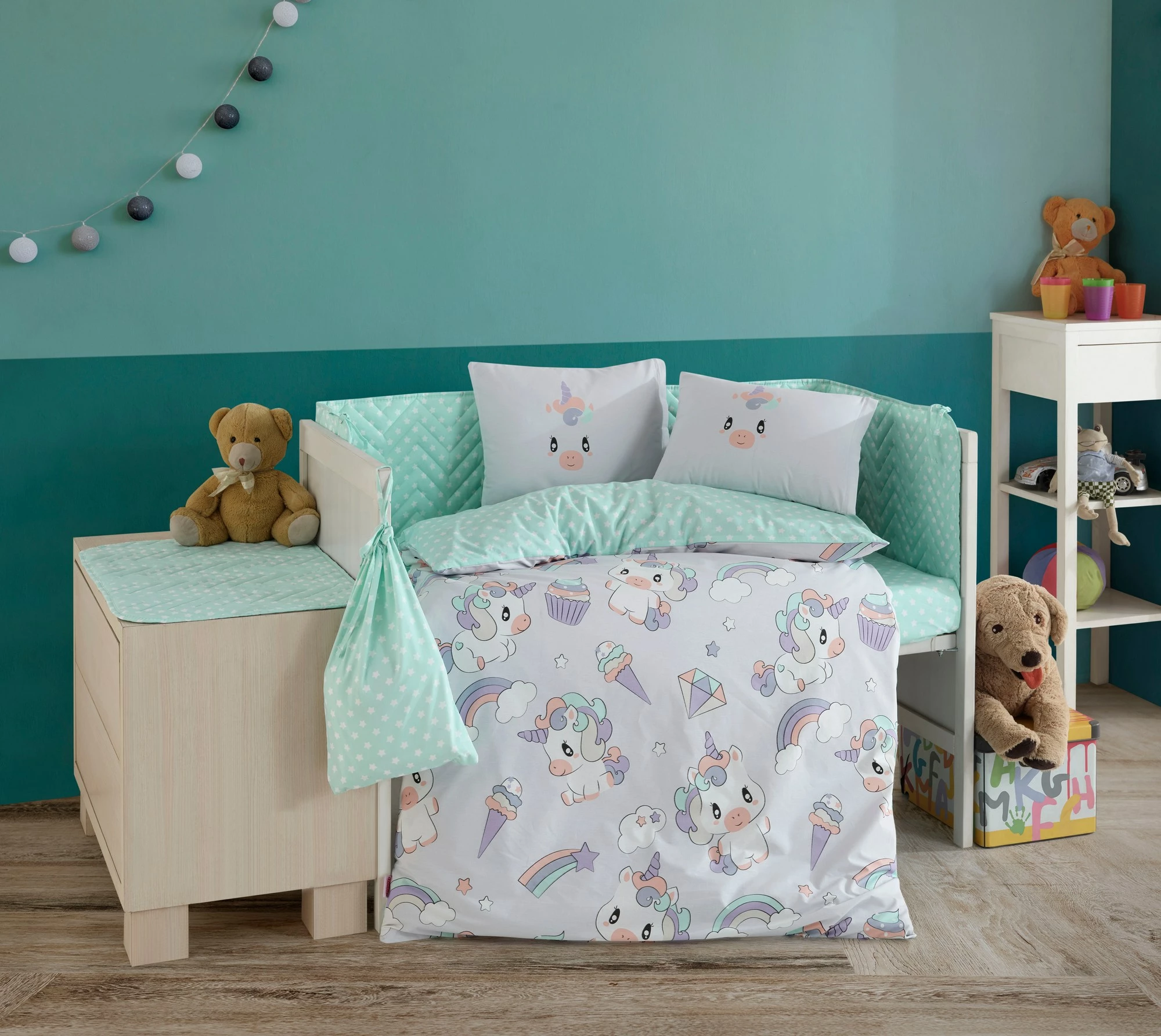 Set mbulesash për krevat fëmijësh Poplin L'essentiel, Mila, gri, lejla, mente