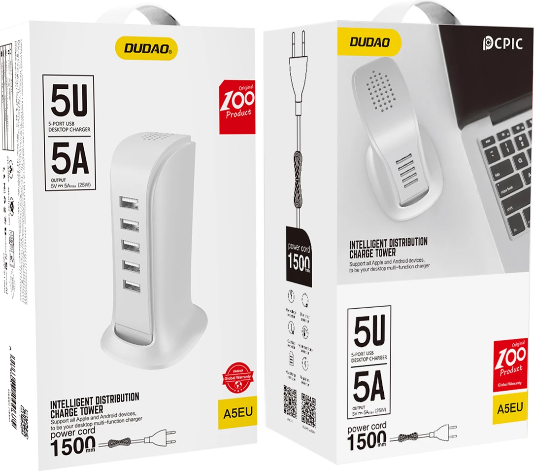 Karikues muri Dudao A5EU 5x USB-A 25W 5A me kabëll 1.5 m prizë EU, i bardhë