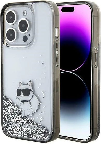 Mbështjellës Karl Lagerfeld Liquid Glitter Choupette për iPhone 15 Pro Max, Transparent/Silver