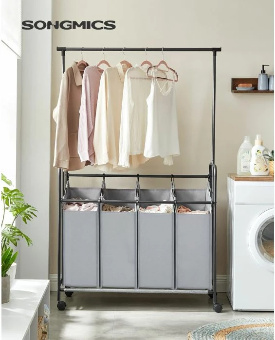 Shportë rrobash SONGMICS RLS44GS, 4 ndarje, 4x50 L (200 L), me rrota dhe frenë, me shufër varëse, gri