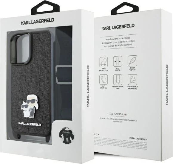 Mbështjellës Karl Lagerfeld Saffiano Karl&Choupette Metal Pin me rrip, për iPhone 16, Zi