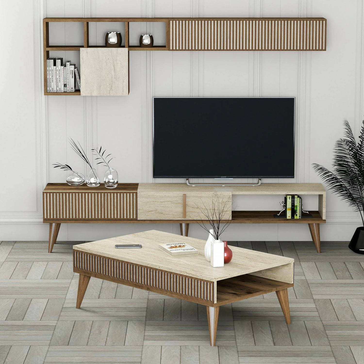 Set mobiljesh për dhomë dite, Milan, ngjyrë arre dhe travertin