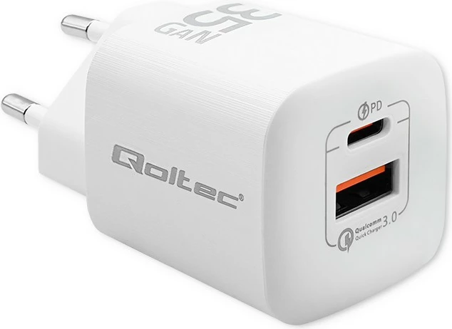 Mbushës muri Qoltec 50763, 35W, GaN, 1x USB Type C PD, 1x USB, Bardhë