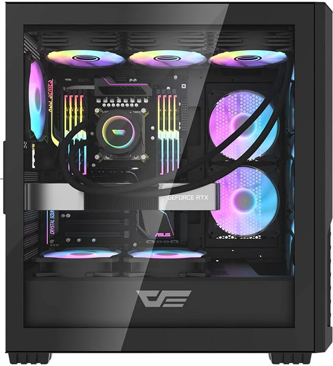 Kasë Darkflash DF2100 E-ATX/ATX me x4 ARGB fans, x8 120mm max, x2 HDD + x3 SSD, x7 slote zgjerimi, x360mm radiator, x1 USB 3.0 + x2 USB 2.0, anë xham i temperuar, e zezë