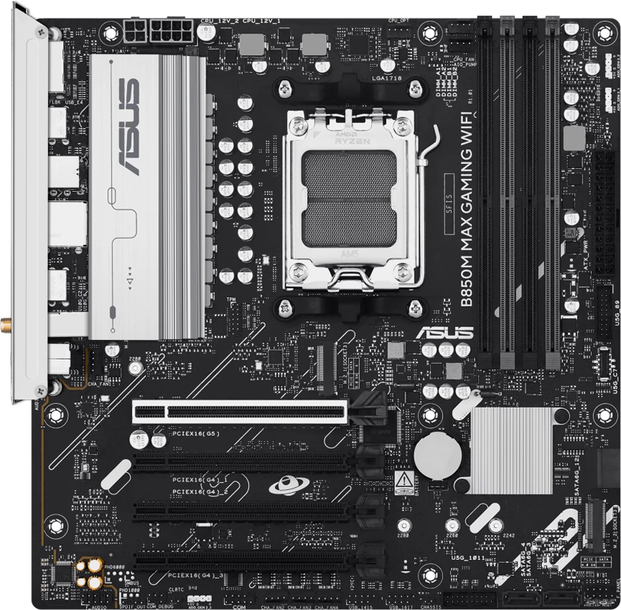 Pllakë amë ASUS B850M MAX GAMING WIFI, AM5, mATX, DDR5 4xDIMM, 3xM.2, 4xSATA, PCIe 5.0, Wi‑Fi 6, Bluetooth 5.4