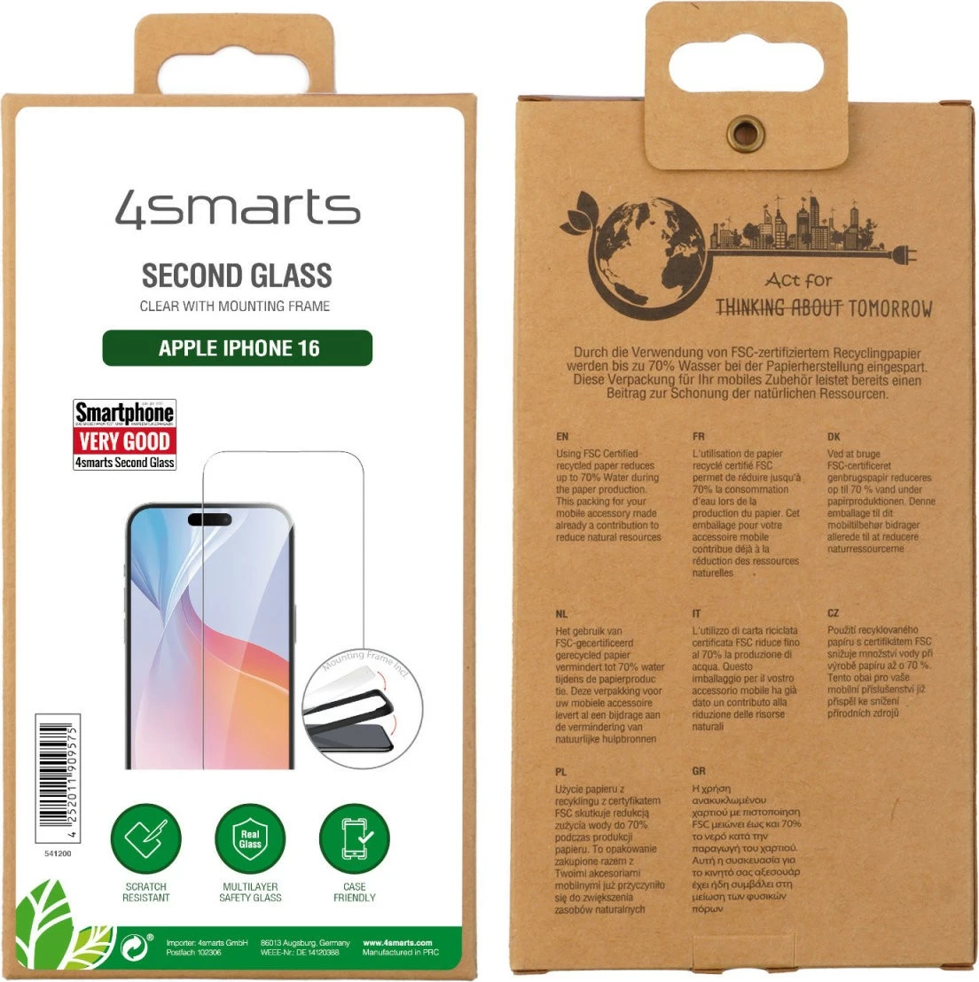 Mbështjellës xhami i fortë 4smarts për iPhone 16, transparent