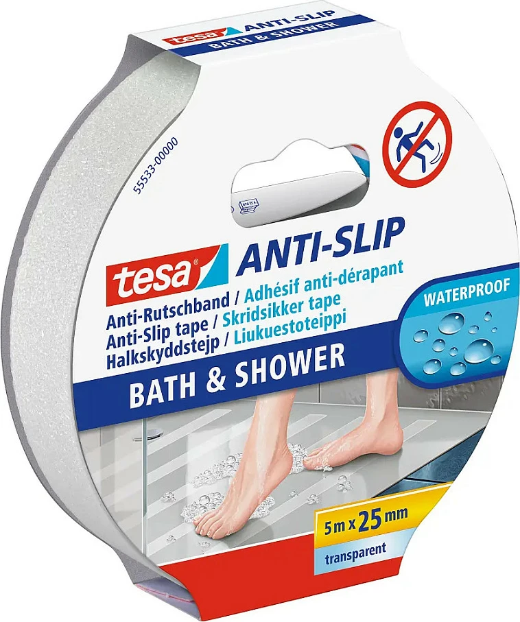 Shirit anti-rrëshqitës tesa Anti-Slip Bath & Shower, 25 mm x 5 m, transparent