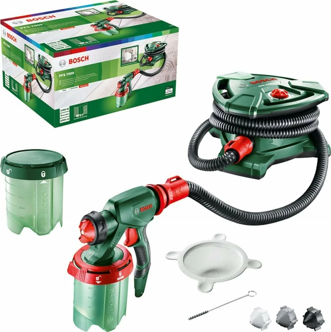 Spërkatës boje Bosch PFS 7000, 1400 W, rezervuar 1000 ml, 700 ml/min, jeshile/kuqe, set me 2 enë boje + 3 gryka