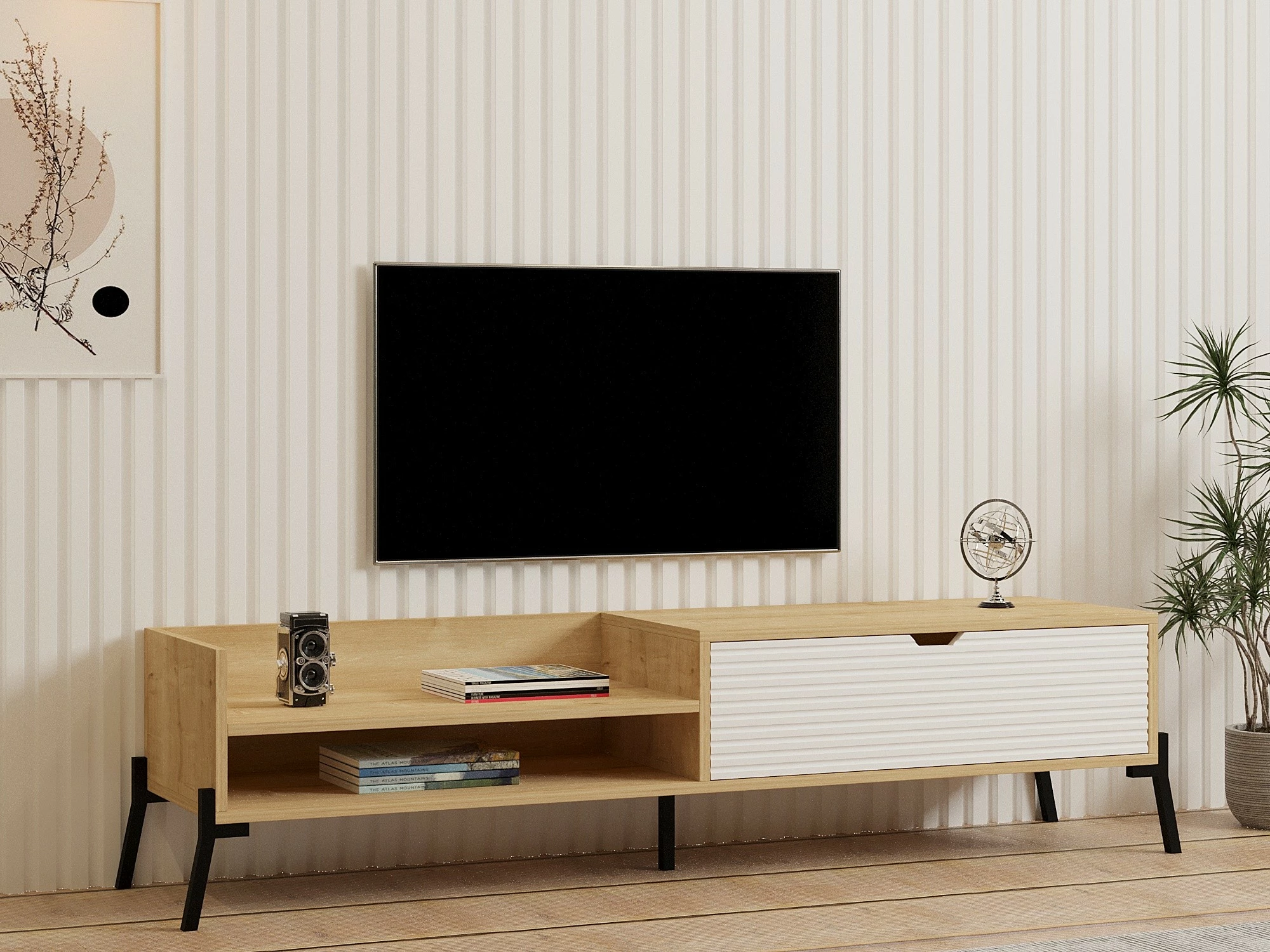 Komodë TV Skye Decor, ngjyrë lisi Sapphire, e bardhë