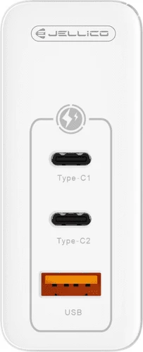 Adapter karikimi shtëpie Jellico C118 100W GaN, 2x USB-C + 1x USB-A, me kabllo USB-C në USB-C, i bardhë (EU blister)