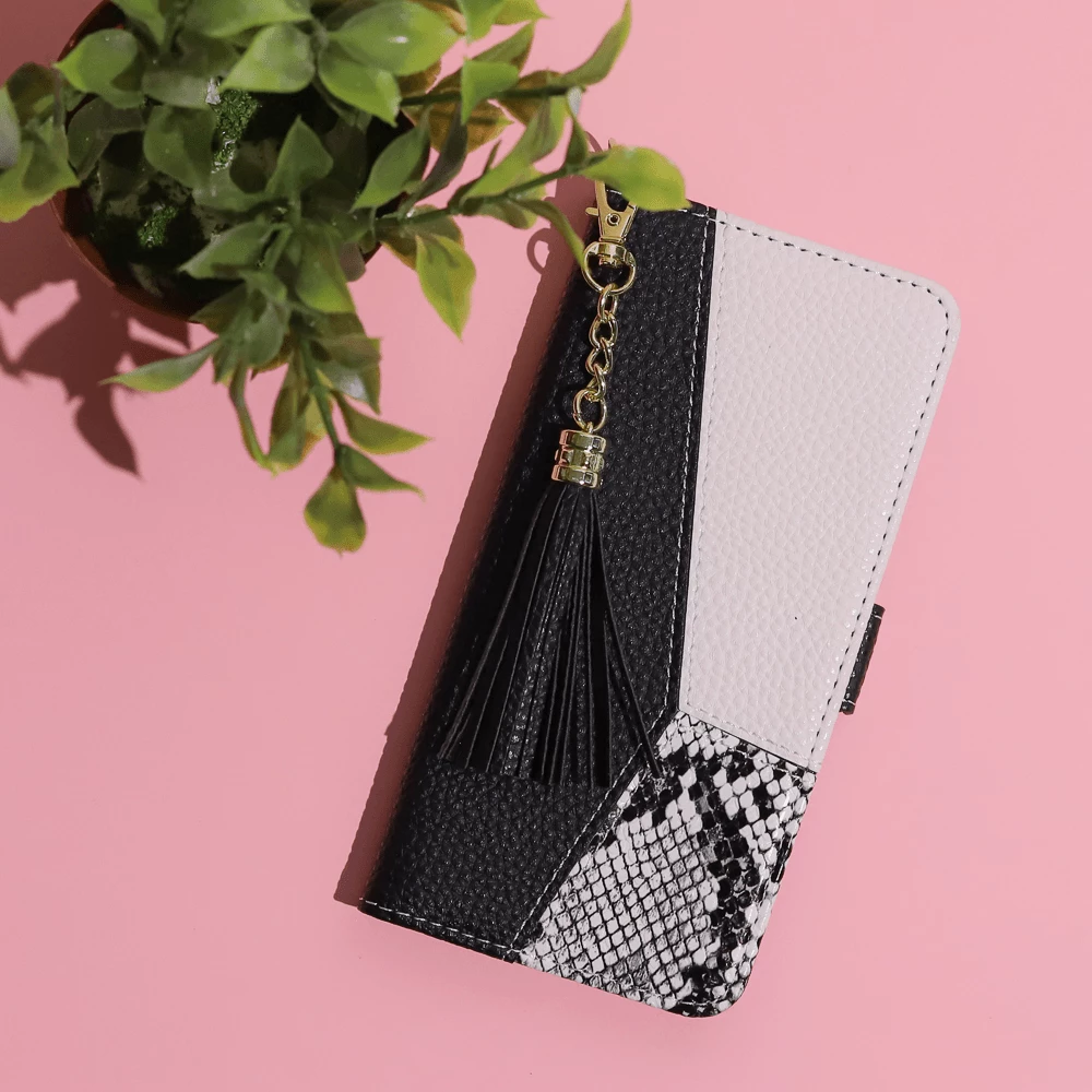 Mbështjellës flip cover ONASI Beauty për Samsung Galaxy A34, PU lëkurë, me zinxhir, 2 vende për karta, e zezë