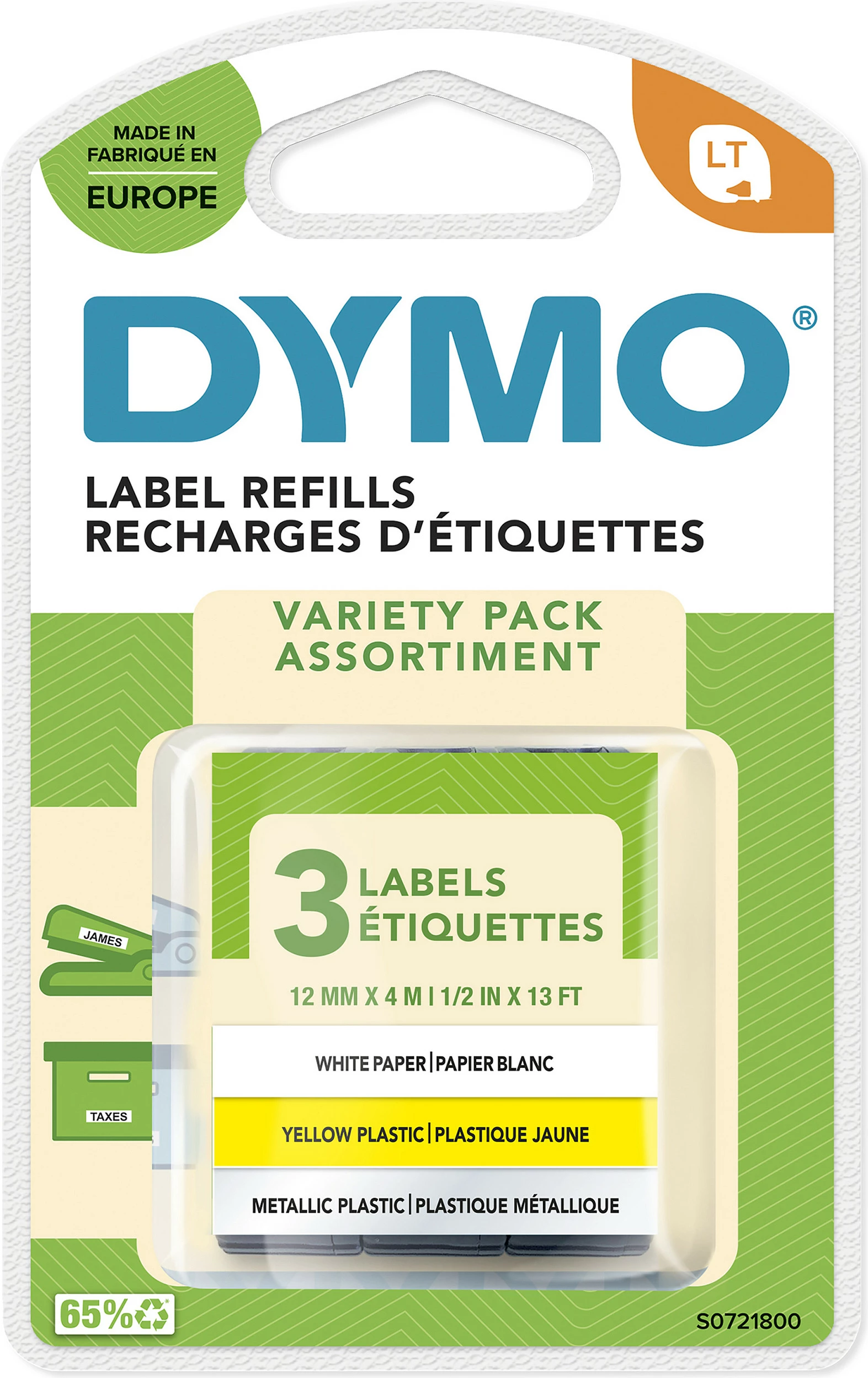 Kasetë etikete DYMO LetraTag 12mm x 4m, 3 copë, zi në të bardhë