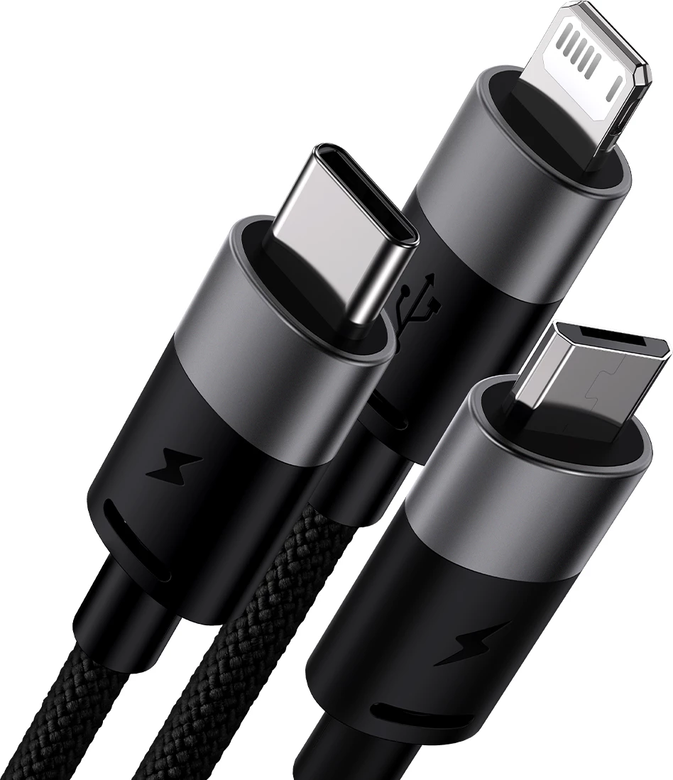 Kabllo 3-në-1 Baseus StarSpeed CAXS000001, 1.2m, USB-A në USB-C/Micro USB/Lightning, e zezë