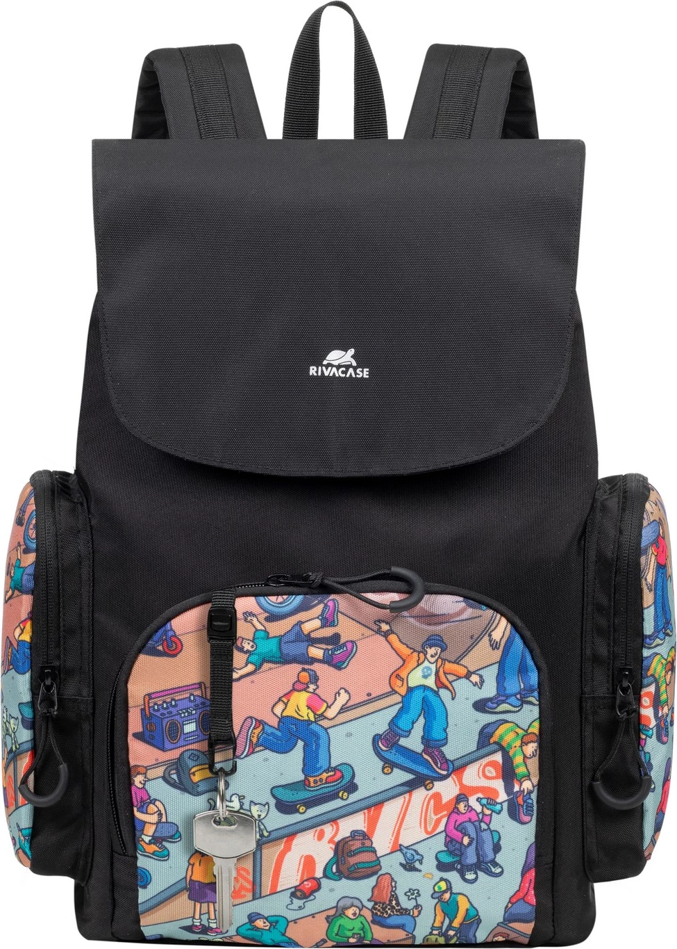 çantë shpine shkollore RIVACASE 5425 Agora 15L waterproof, print “Skaters”, e zezë