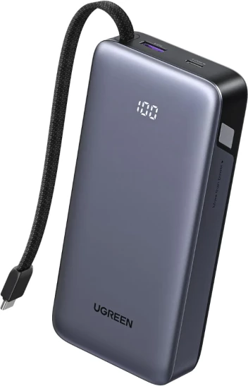 Powerbank UGREEN Nexode 55988B 20000mAh 45W me kabllo USB-C të integrume, set me kabllo USB-C 0.5m + manual, gri