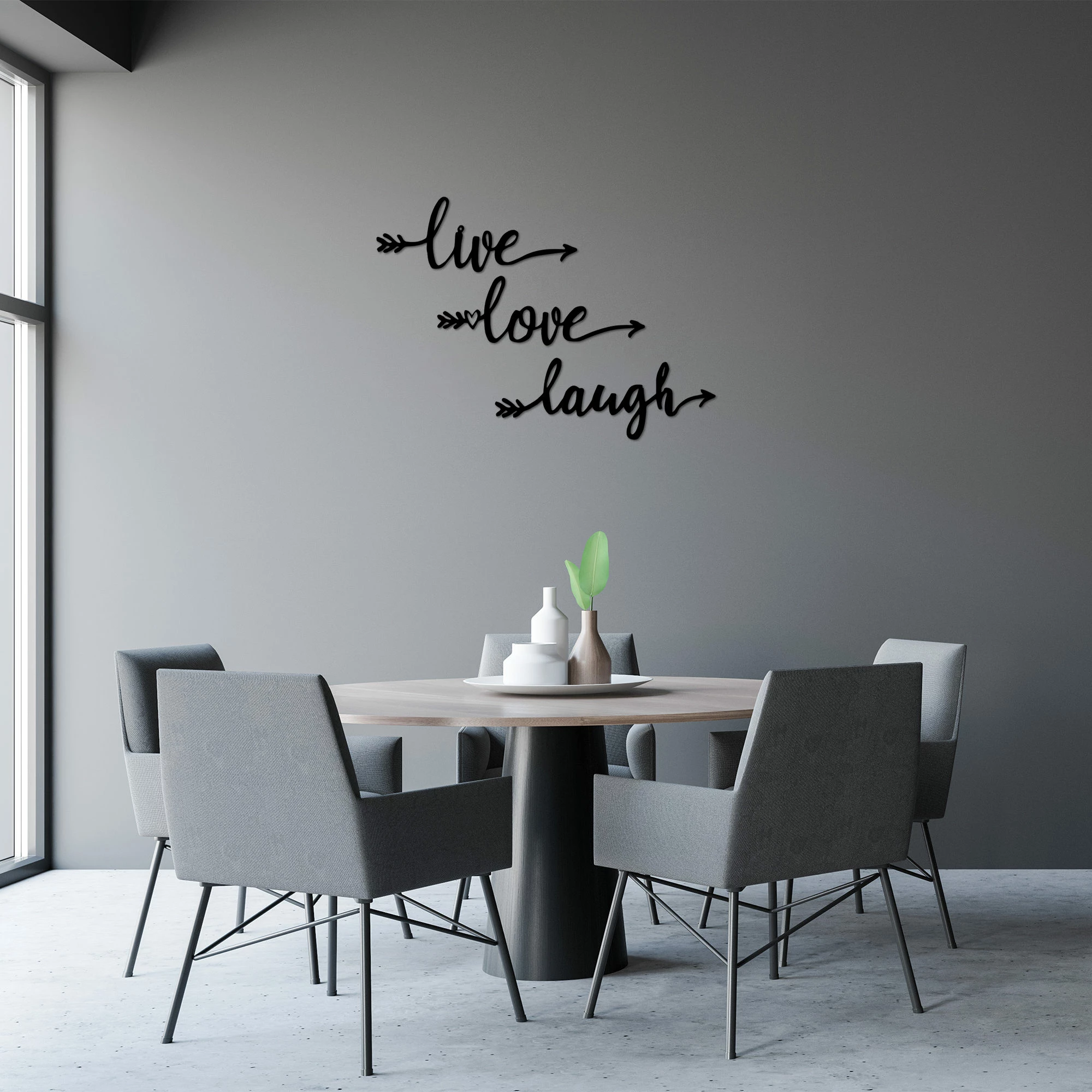 Aksesor dekorativ metalik për mur Wallity, Live Love Laugh, ngjyrë e zezë, 60x60cm