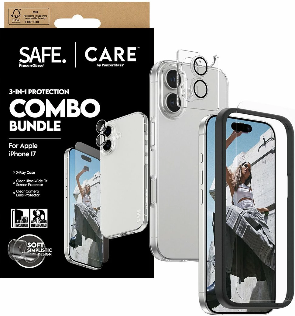 Set mbrojtës 3në1 Mbështjellës + xham i kalitur + mbrojtës lente PanzerGlass CARE CR56180 për iPhone 17, transparente