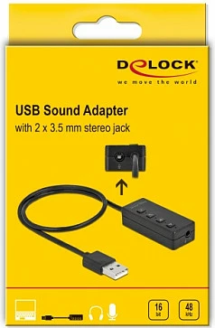 Adapter USB DeLOCK për kufje dhe mikrofon, USB-A në 2x 3.5mm, 0.4 m, i zi
