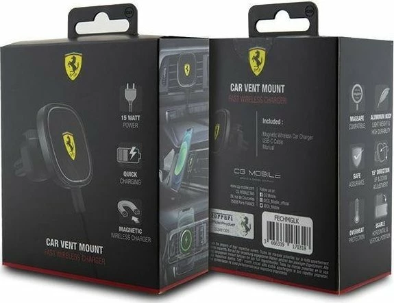 Mbajtës magnetik me karikim wireless për makinë Ferrari MagSafe 2023 Collection 15W USB-C, i zi, set me kabllo USB-C