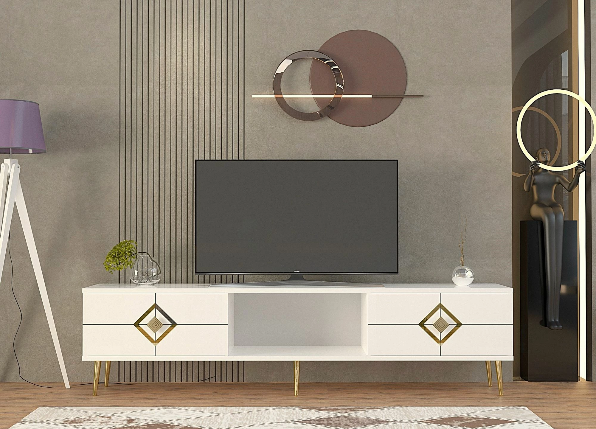 Komodë TV Skye Decor, e bardhë, e artë