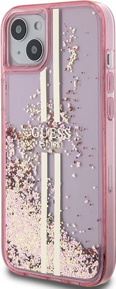 Mbështjellës Guess Liquid Glitter Gold Stripes për iPhone 15 Plus / 14 Plus, Rozë