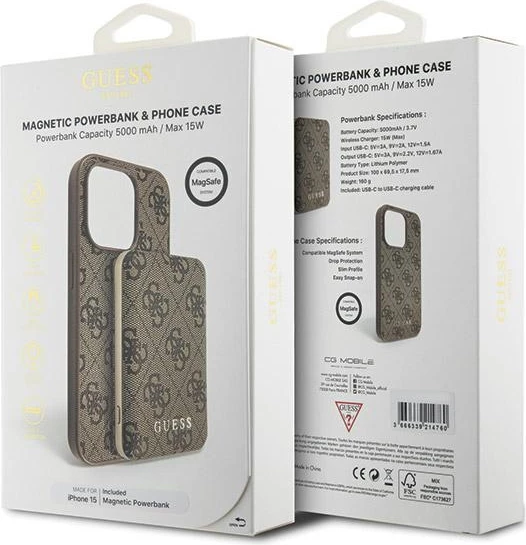 Mbështjellës Guess 4G Metal Logo me powerbank MagSafe 5000mAh për iPhone 15, Kafe, Set