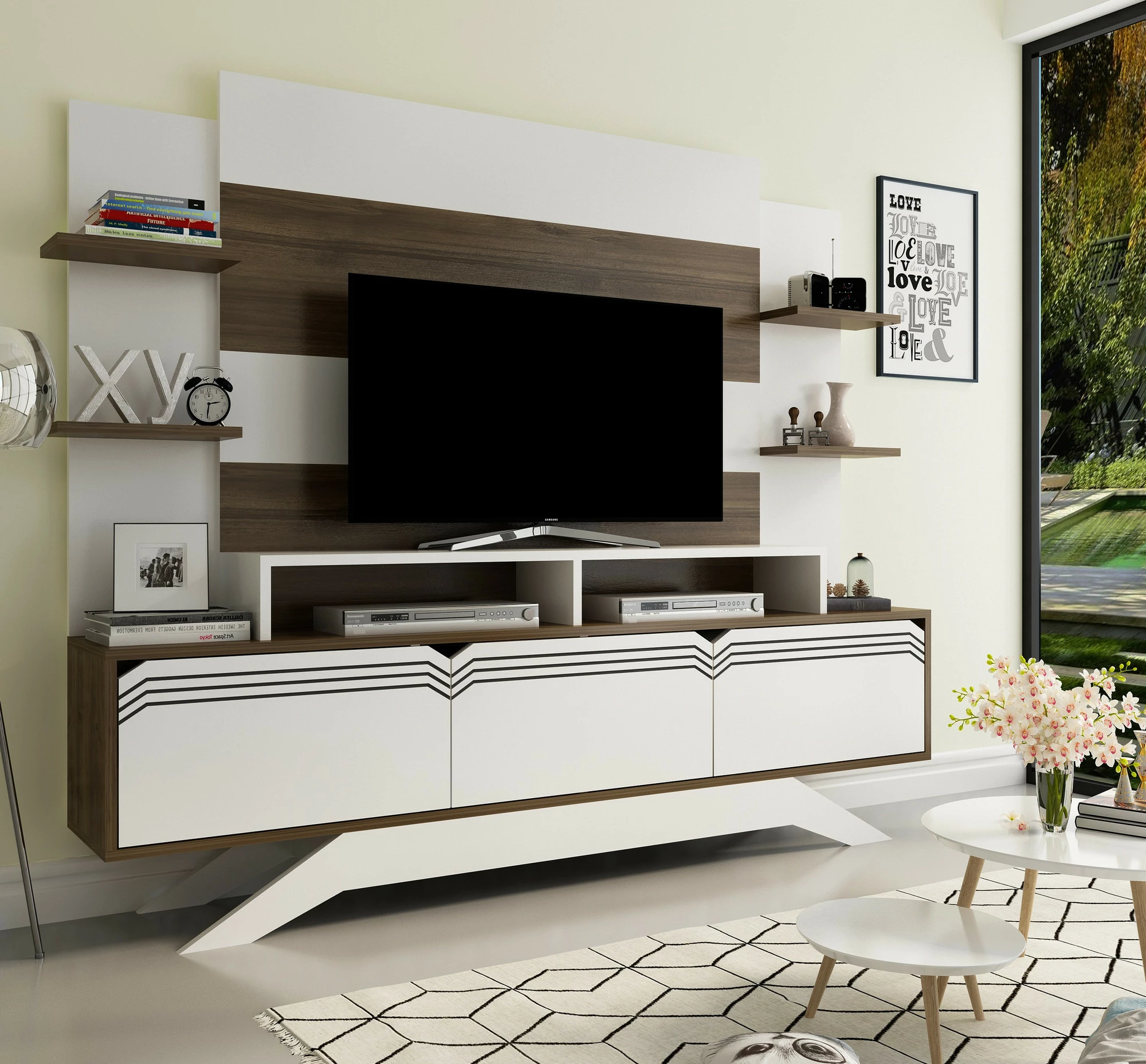 Komodë TV Hanah Home, Delpi, ngjyrë arre dhe e bardhë