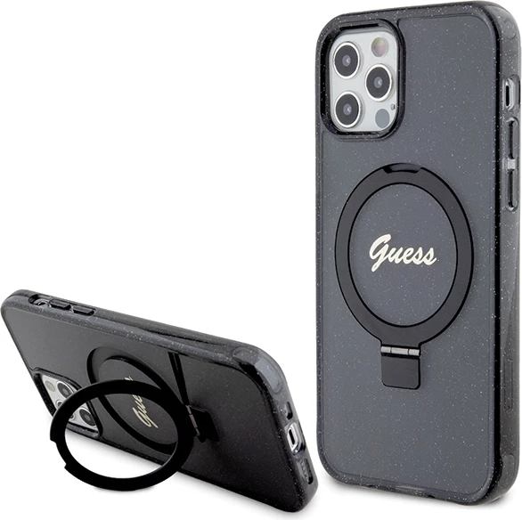 Mbështjellës Guess Ring Stand Script Glitter MagSafe për iPhone 12/12 Pro, i zi