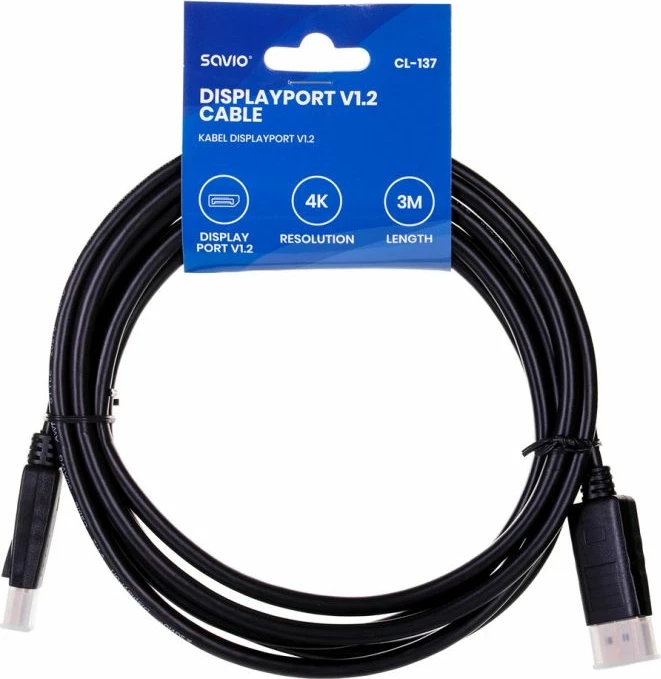Kabllo DisplayPort Savio CL-137, 3m, e zezë