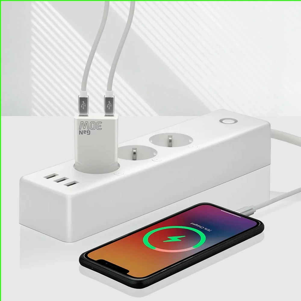 Adapter karikues muri, everActive, SC-385Q, GaN PD 30W, 2x USB-C, super slim, bardhë