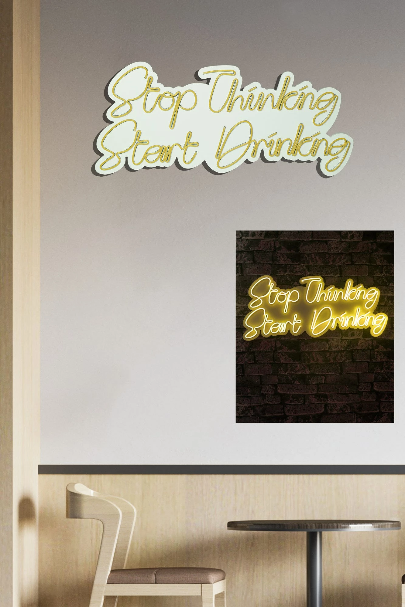 Dritë dekorative LED në mur, 'Stop Thinking Start Drinking', ngjyrë e verdhë