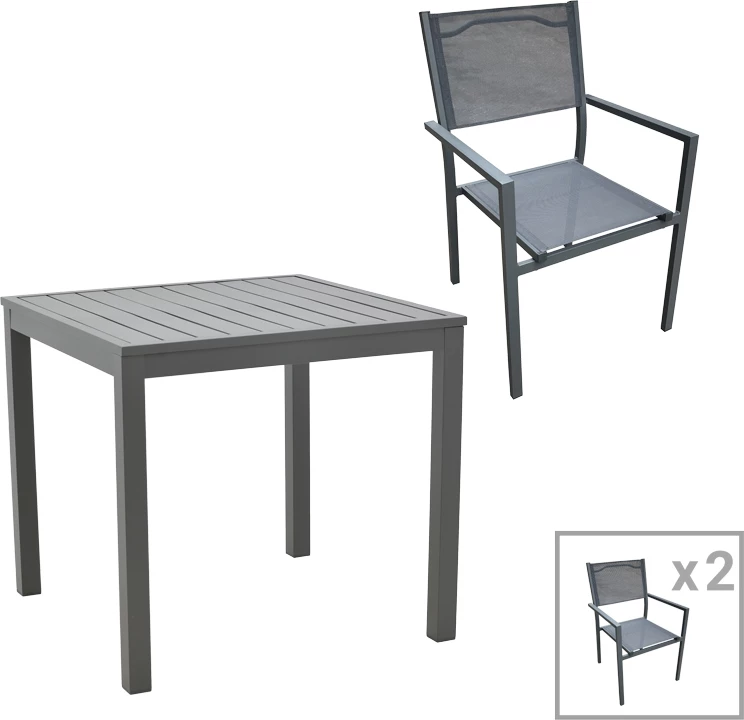 Tavolinë me karrige Moly - Kliton I set prej 3 copë, alumin dhe tekstilene, ngjyrë antracit, 80x80x74cm