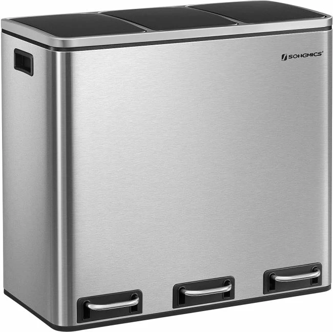 Kosh riciklimi me pedale SONGMICS LTB54NL, 3 x 18 L, 3 ndarje, kapak soft-close, kova të brendshme të heqshme, argjend/zi