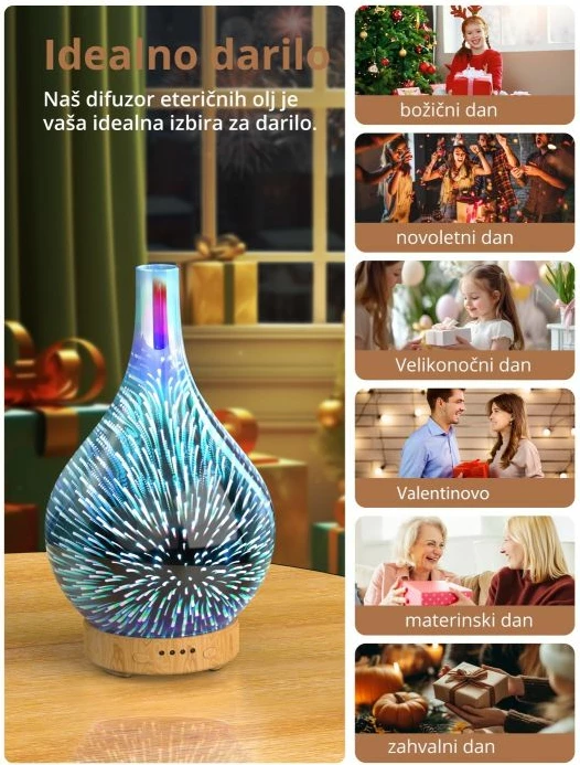 Difuzor vajrash esencial ANJOU Fireworks ADA022 120 ml, LED 7 ngjyra, xham 3D, blu